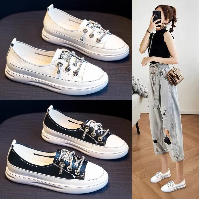 

new small white shoes thin shallow casual flat comfortable shoes trendy sneakers fashion single shoes one pedal women's shoes