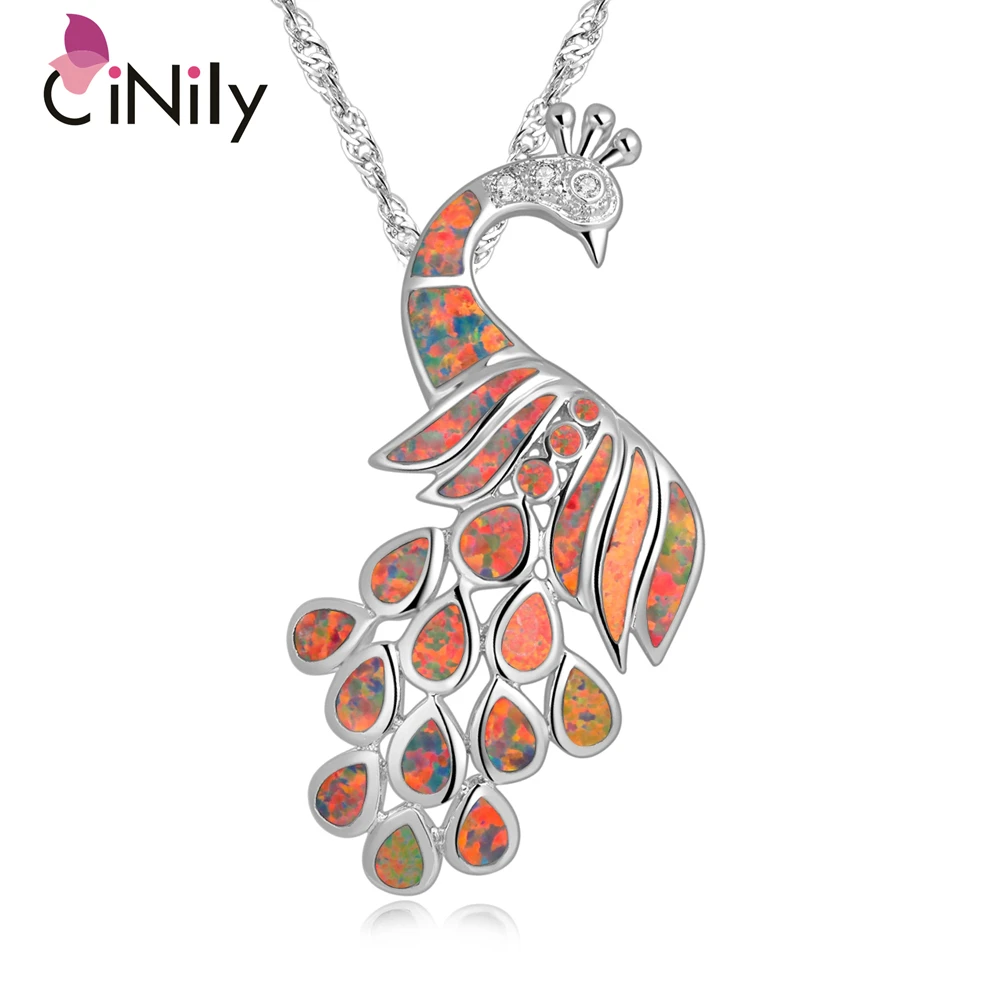 

CiNily Created Orange Fire Opal Cubic Zirconia Silver Plated Wholesale Peacock for Women Jewelry Pendant 2 1/8" OD2948