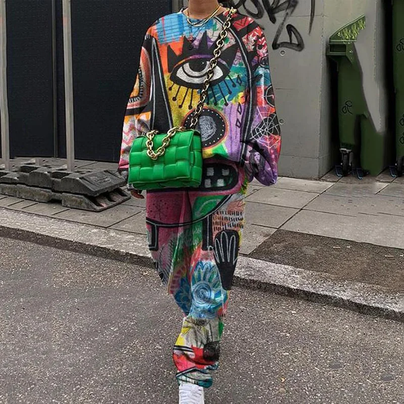 

Hip Hop Graffiti Eyes Print Thin Sweatshirt Two Piece Set Women Tracksuit Plus Size Long Sleeve Pants Streetwear Casual Fashion