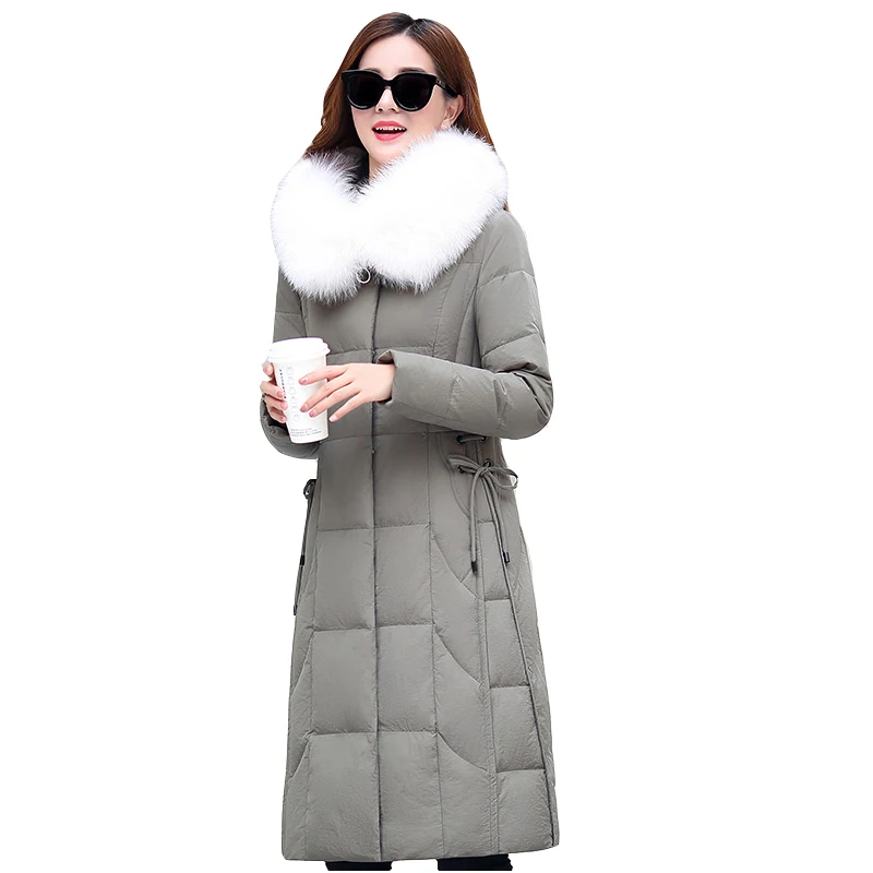 Женский пуховик с капюшоном средней длины и меховым воротником|Женские парки| |