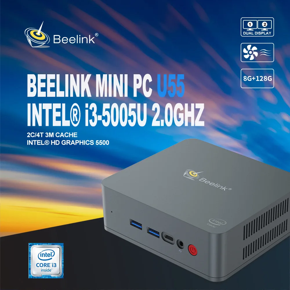 Beelink U55 Mini PC Win10 Intel Core I3-5005U 2.4G+5.8G Dual Wifi 8GB DDR3L 128/256GB SSD Dual Screen Mini Computer