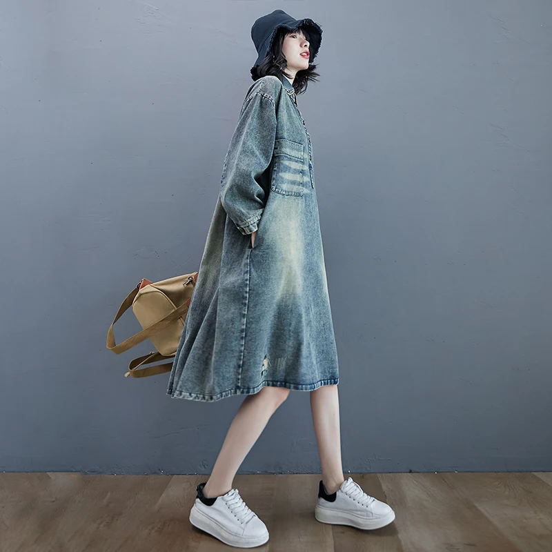 

SuperAen Vintage Casual Full Trun Down Collar Denim Autumn New Straight Dresses for Women