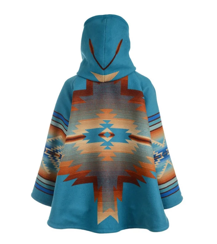 

Women Autumn Winter Long Sleeve Hooded Wool Blend Coat Printing Horn Button Woolen Cloth Coat