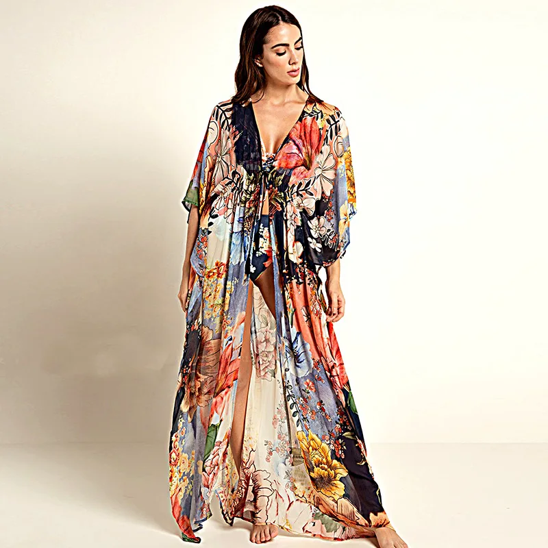 

2021 Bohemian Chiffon Printed Self Belted Loose Summer Beach Tunic Plus Size Long Kimono Women Street Wear Casual Maxi Dress
