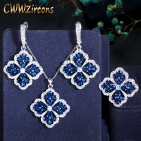 cwwzircons dark blue cubic zirconia crystal big dangle drop lucky flower leaf earring necklace ring women chic jewelry sets t328