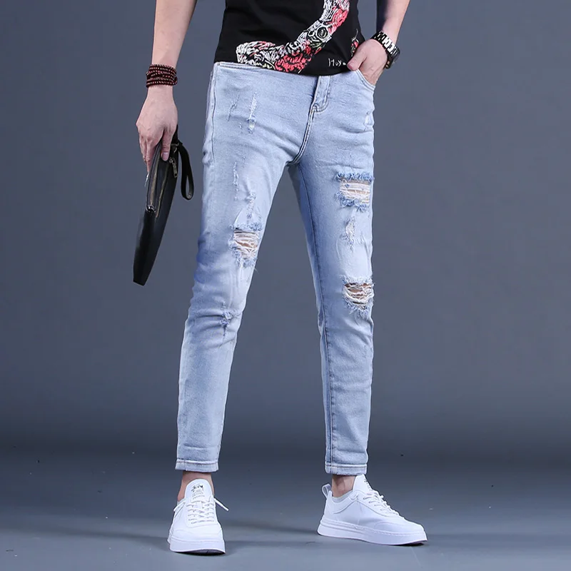 New Men's Ripped Jeans Summer Casual Light Blue Cotton Denim Pants Male Streetwear Holes Slim Fit Trousers