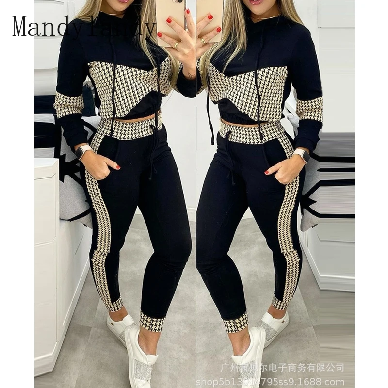 

Mandylandy Autumn Long Sleeve Hooded Top + Lace-up High Waist Pocket Pants Suit Women's Casual Houndstooth Printed Slim Suit