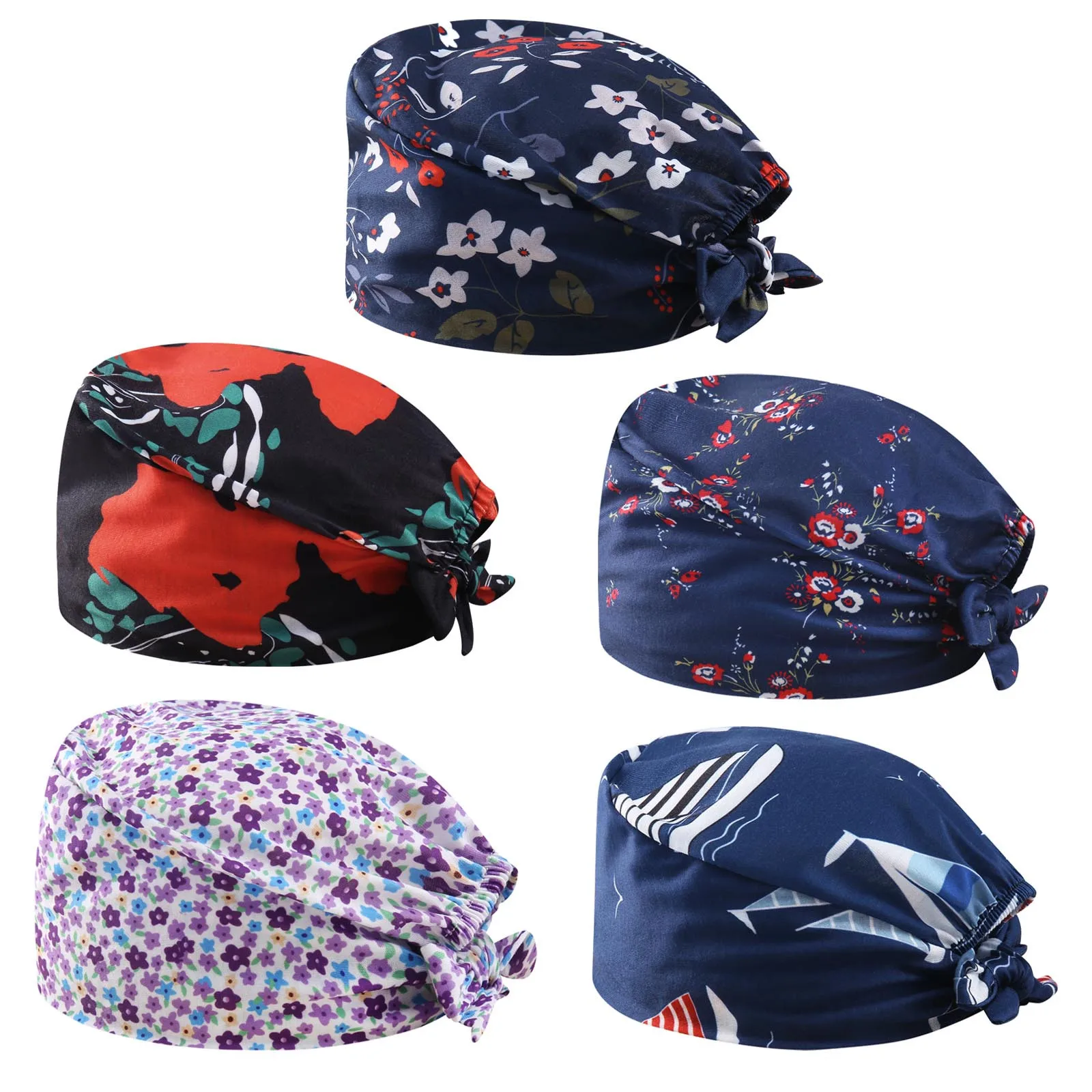 

Floral Printing Nurse Hat Soft Sweat-absorbent Head Wrap Towel Surgical Anti-Dirty Cotton Scrub Cap With Button Hair Cover A50