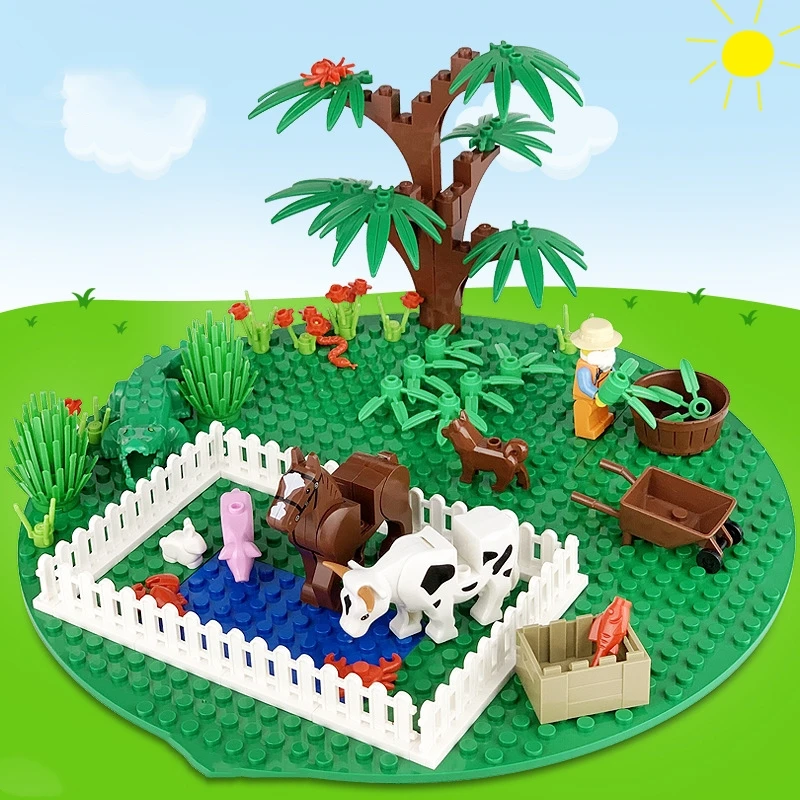 71 шт. кирпичи Веселая ферма набор с тележкой растений животных забор лошадь мс