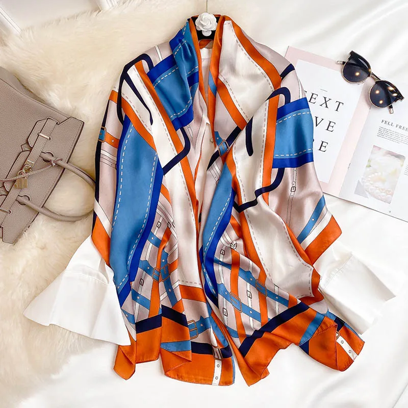 

Women Natural Silk Scarf Retro Print Shawls Office Lady Elegant Wraps Female Hijabs Beach Bandana Beautiful Gift 53x170cm