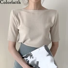 Футболка женская Базовая однотонная, трикотажная в минималистичном стиле, в Корейском стиле, Colorfaith, T7609, лето 2021