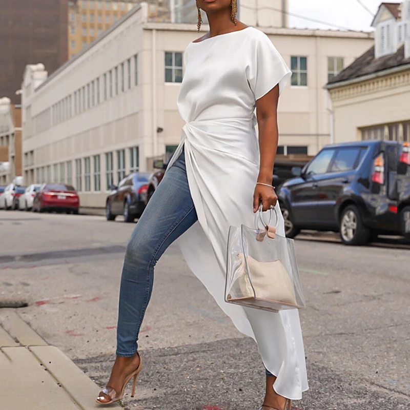 Lossky асимметричные атласные туники блузка сексуальная с разрезом элегантная