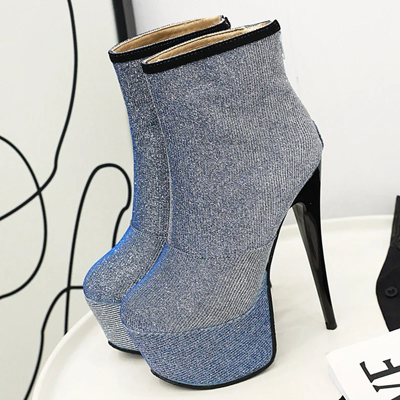 Ботильоны женские на платформе с блестками высоком каблуке 16 см серебристые