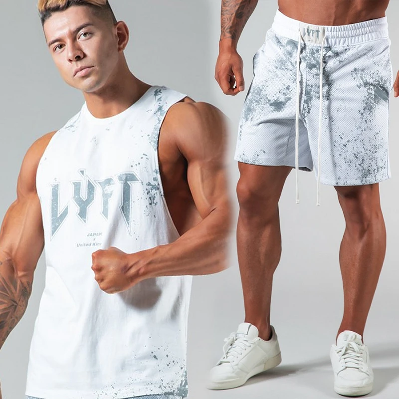 

2021 European And American Summer Fitness Shorts Men's Tie Dye Cotton Loose Sports Large Size Sleeveless Shorts Set