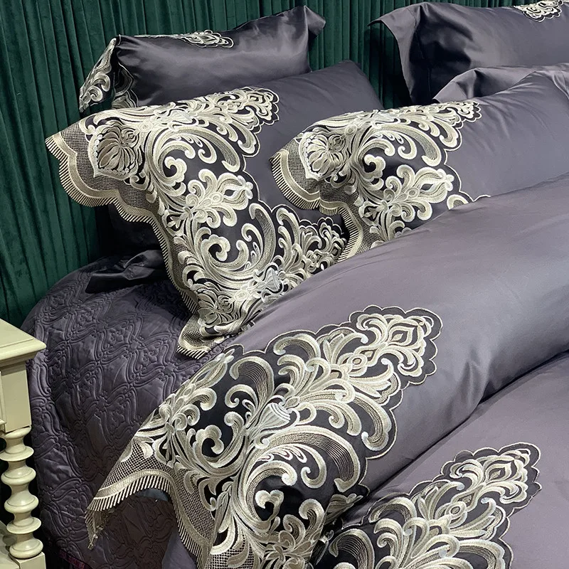 

New Luxury Dark Purple Egyptian Cotton Lace Edge Bedding Set Satin Silky Duvet Cover Bed Sheet Or Bedspread Pillowcase 4/7Pcs