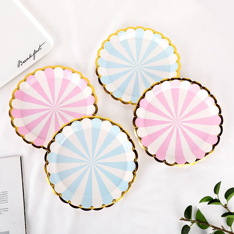 

10pcs 7 9 inch disposable tableware set paper plate candy texture plate wedding birthday party pink bronzing striped paper plate