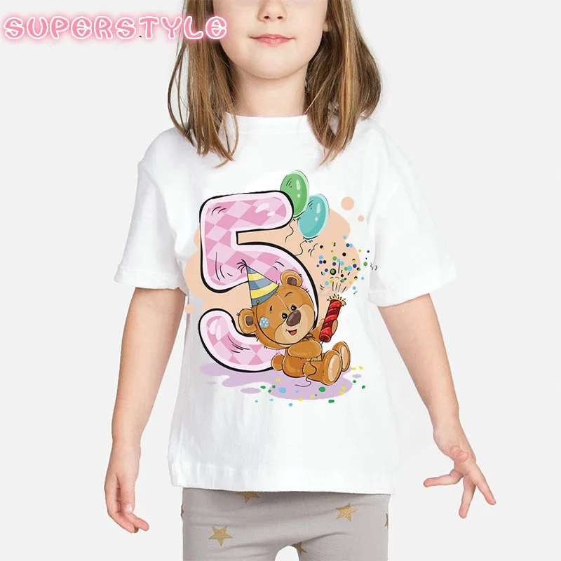 Футболка с принтом медведя для девочек 1 9 на день рождения Детская забавная