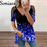 summer fashion womens clothing 2021 v neck hollow out gradient floral print casual loose short sleeve female t shirts