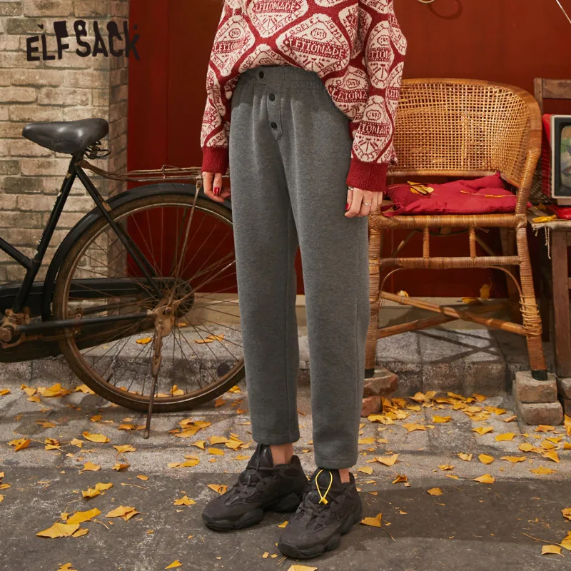 ELFSACK черные однотонные корейские теплые женские брюки зима 2020 прямые офисные