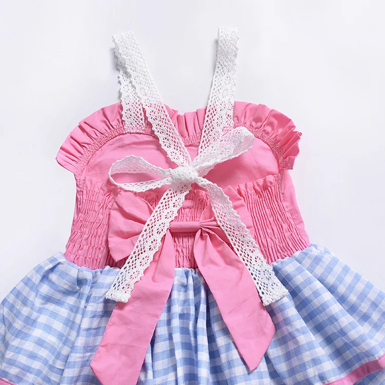 

Sweet Baby Girls Ruffles Plaid Sundress Straps Adjustable Lace Backless Beach Wear Summer Dress