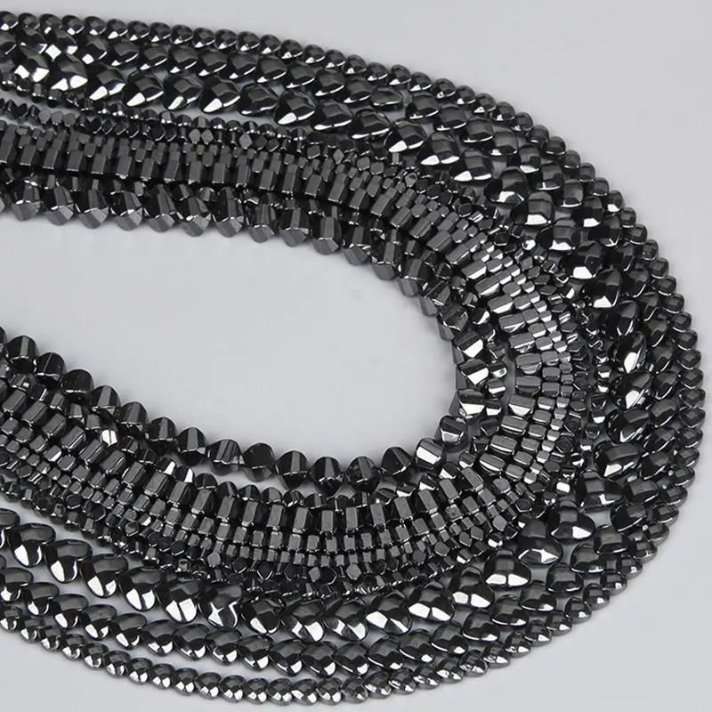 

Natural Faceted Black Hematite Stone Beads Square Round Loose Heart Spacer Beads For Jewelry DIY Making Charm Bracelet Necklace