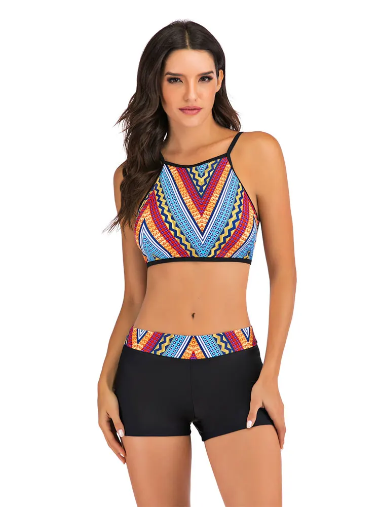 Женский купальник с лямкой на шее топ высокой горловиной комплект бикини Boyshort