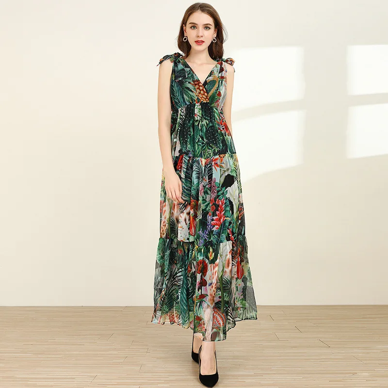Женское шифоновое платье макси с V образным вырезом и цветочным принтом|Женские
