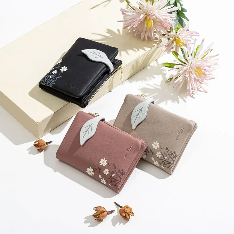 

Fashion Women Wallet Leaf Pattern Hasp Ladies Purse Soft Pu Leather Small Short Wallets Female Zipper Retro Mini Coin Purses