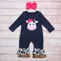 autumn girls clothes navy blue long sleeve pink bow cow head embroidery pattern toddler baby rompers