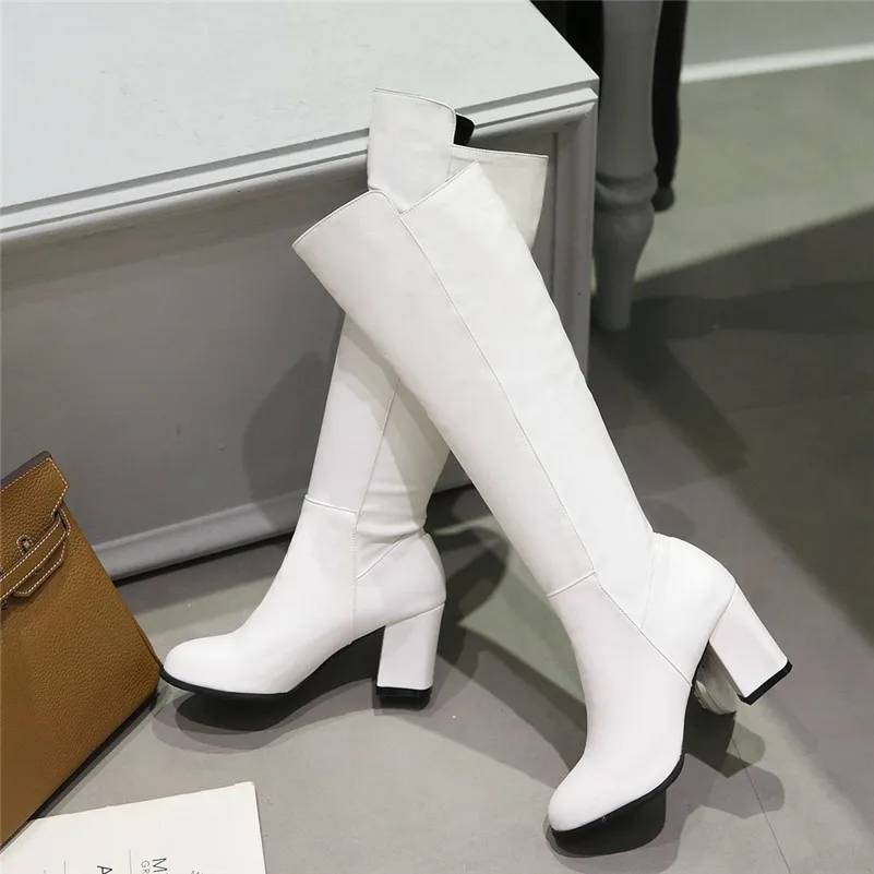 Meotina/зимние сапоги до колена женские высокие сапоги из pu искусственной кожи на толстом высоком каблуке обувь без шнуровки с круглым носком Женская Осенняя обувь белого цвета, размеры 33-43