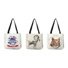 Вместительная сумка-тоут из эко-льна, с изображением животных, коз, совы, осьминога, многофункциональная, для девочек, сумка для продуктов