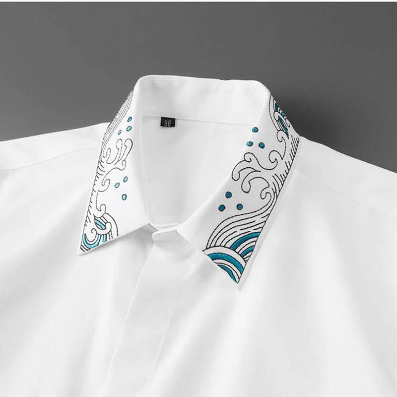 

Hot Sale Blue Sea And Stars Chinese Style Embroidery Shirt man Brand design Full sleeve Elegant Slim Casual Shirts