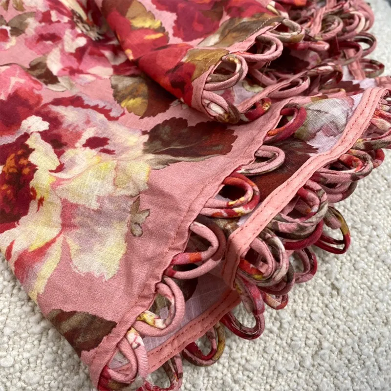 

2021 Women Fashion Pink Floral Print Long Sleeve Wave Hole Bottom Ankle Length Dresses High Quality Cotton