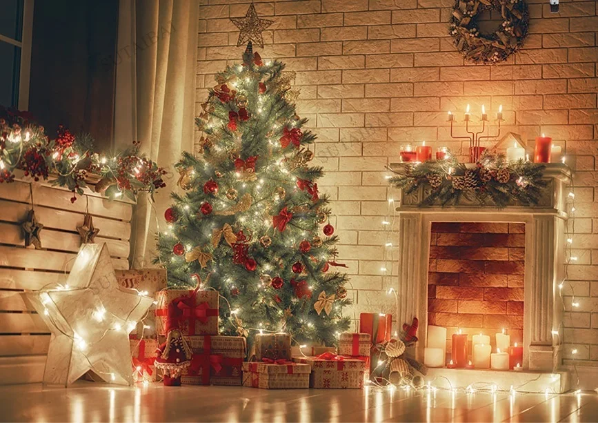 

Merry Christmas Fireplace Interior Decorations Backdrop Xmas Tree Gifts Baby Photocall Background for Photography Photo Studio
