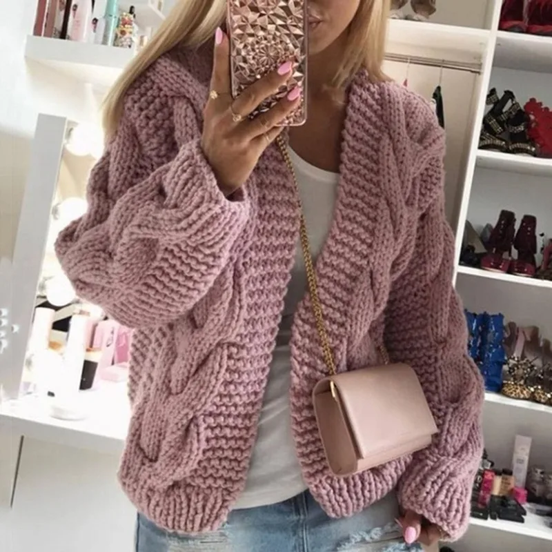 

2021 New Fashion Autumn and Winter New Twist Hat Cardigan Casual Solid Color Thick Thread Knit Sweater Women Solid Color Sweater