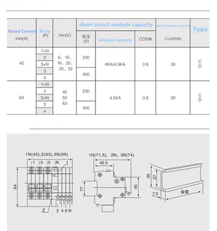 Автоматический выключатель остаточного тока RCBO 3P + N 20A 25A 30A 40A 50A 63A 230V ~ 50HZ/60HZ с