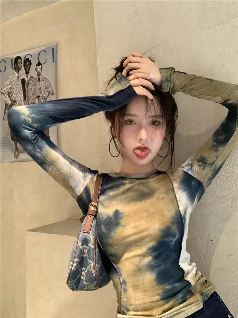 

Футболка женская с принтом тай-дай и длинным рукавом, в стиле Харадзюку