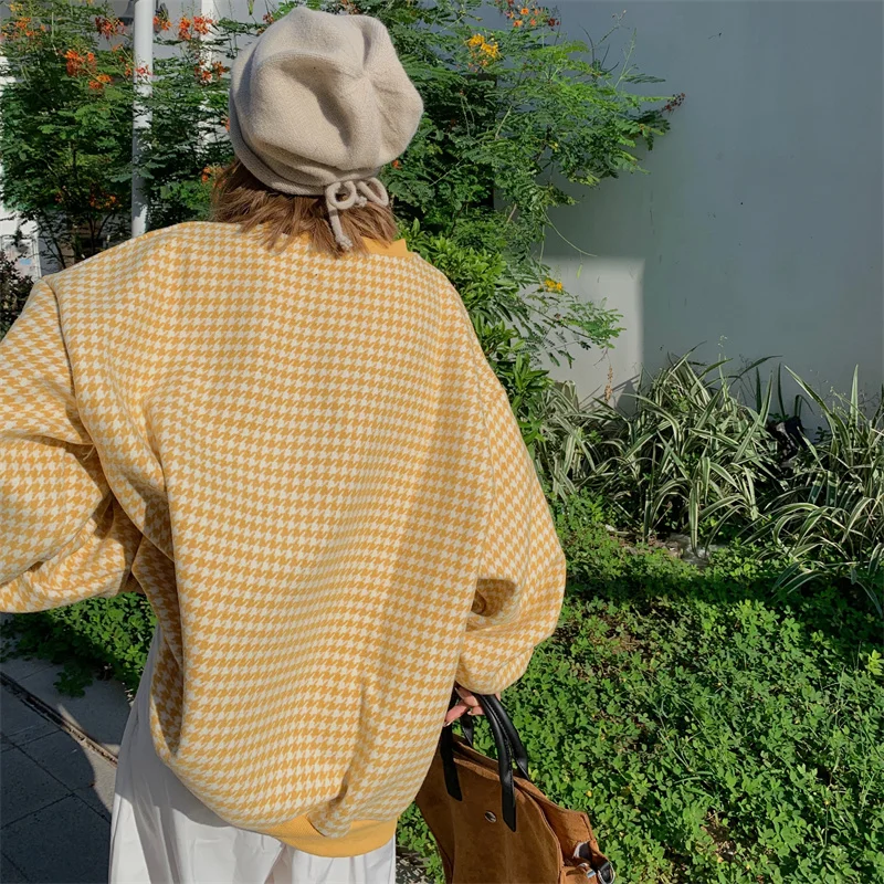Autumn Long Sleeve Sweatshirts Women Houndstooth Vintage Korean Oversized Lazy O-neck Hoodie Student Chic All-match Tops Trendy | Женская