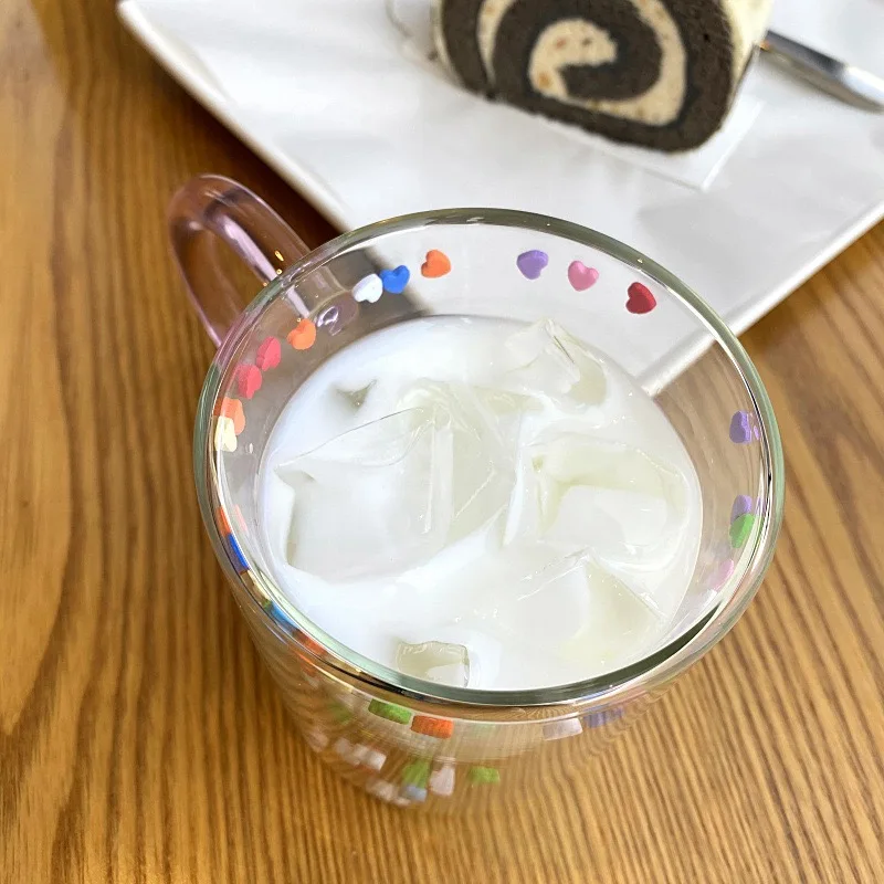 

Creative Double Layer Love Quicksand Colorful Glass Mug Cute Girl Heart Transparent Water Milk Cup Birthday Gift For Girlfriend