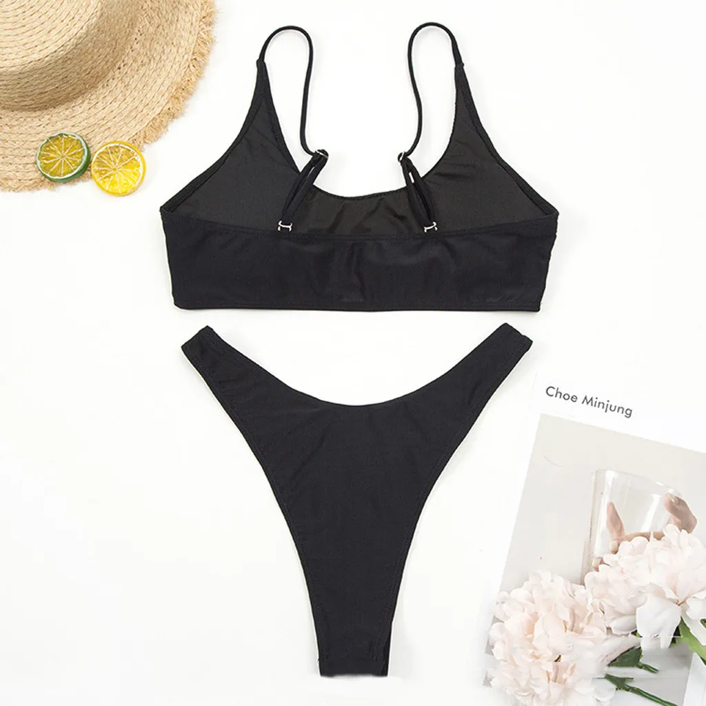 

Women Black Swimsuit Set Solid Color Sexy Bikini High Cute Female Bikinis Dropshipping
