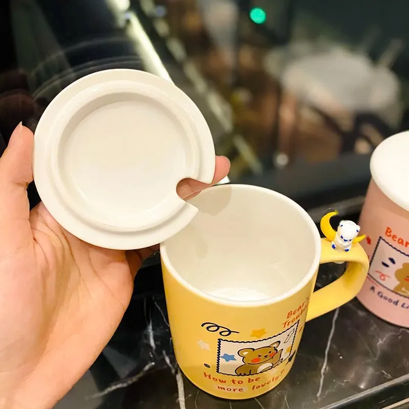 Керамическая кружка с милым медведем 420 мл ложкой и крышкой кавайное украшение в
