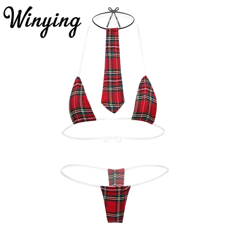 

Женское нижнее белье, Эротические комплекты, Клетчатый Бюстгальтер на бретельках с стрингами и галстуком, бикини, нижнее белье, Школьный ко...