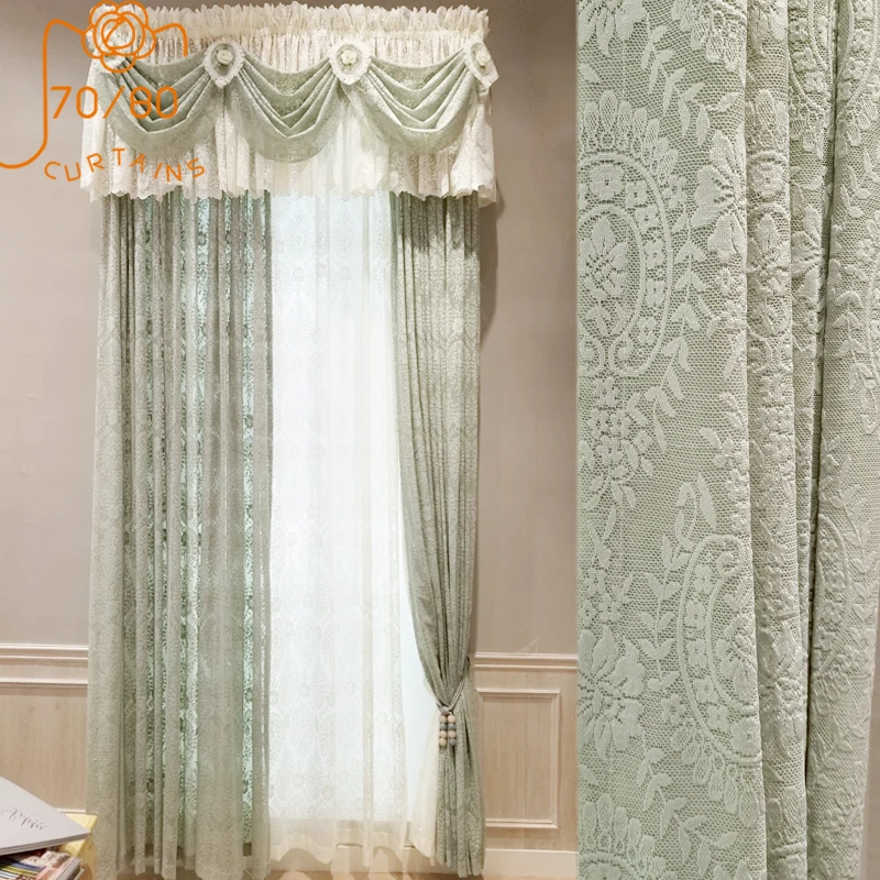Light Luxury Green White Screen Curtain Window Screen Lace Curtains for Living Room Balcony Bedroom Customized Finished Product