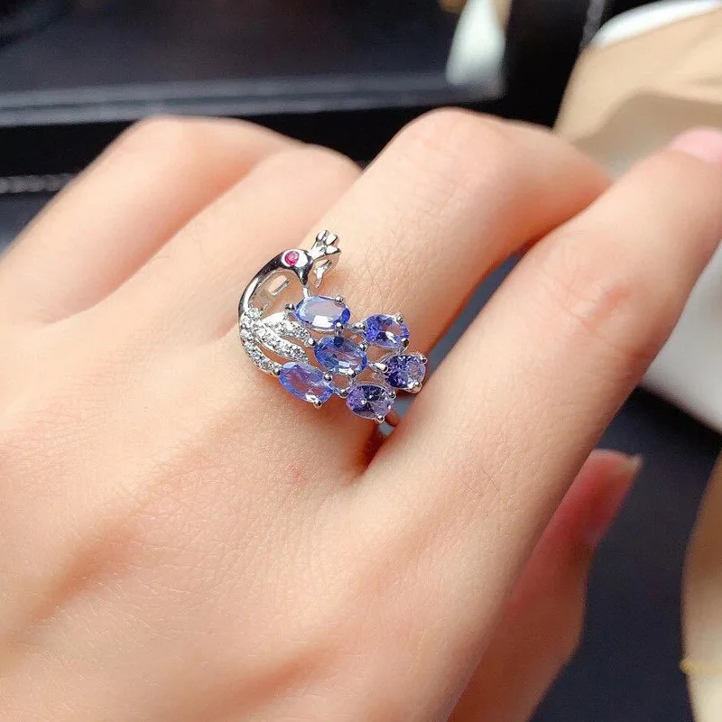 

KOFSAC 2021 Fashion 925 Sterling Silver Rings For Women Jewelry Creative Sea Blue Colorful Zircon Peacock Ring Girl Party Gift