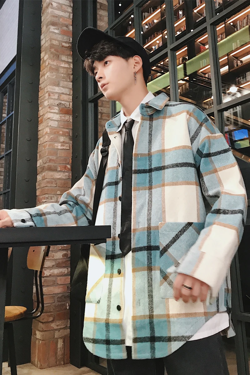 

2020 Spring And Autumn New Woolen Loose Plaid Long Sleeve Shirt Fashion Casual Color Matching Jacket Blue / Green / Red M-2XL