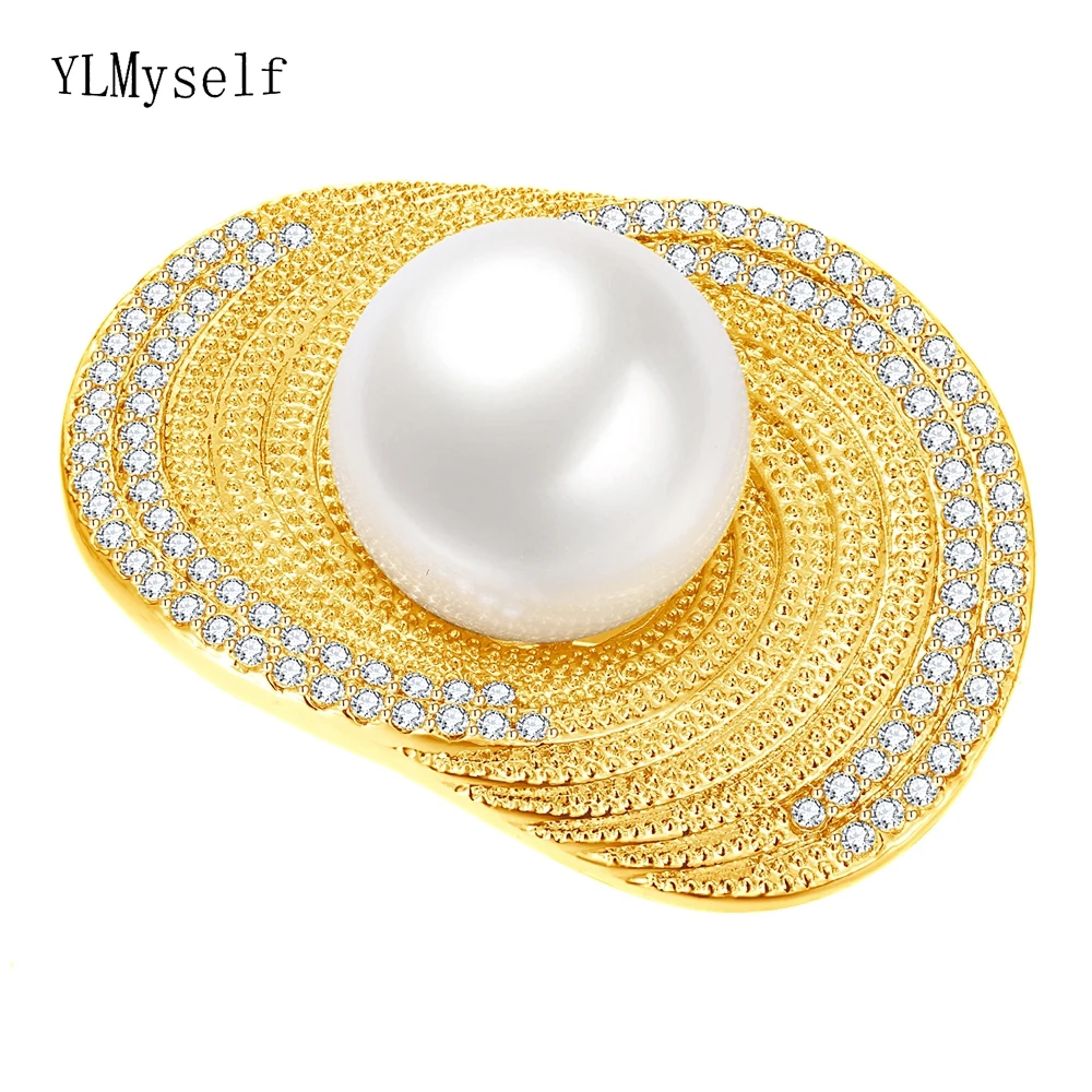 

Trendy 14mm White/Gray Pearl Big Brooch Pin With Shiny Zircon Rhodium/Gold-Plating Brass Jewelry for Wife