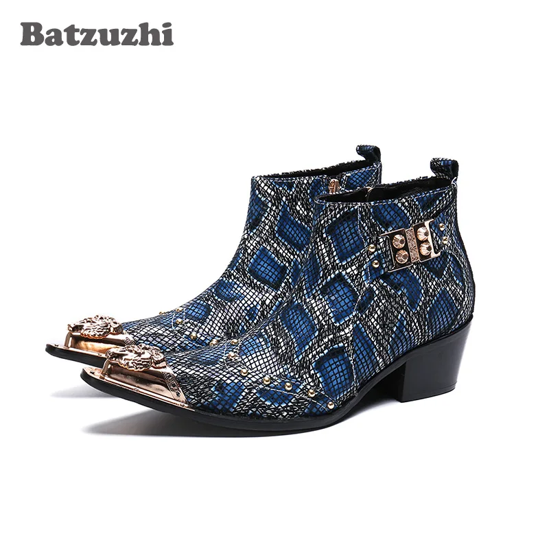 

Batzuzhi 6.5CM Heels High Increased Boots Men Iron Toe Leather Dress Men Boots Blue for Man Party Runway Bota Masculina! US6-12