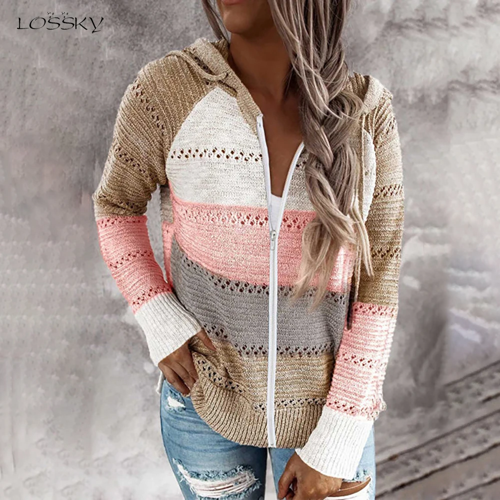 Вязаный кардиган свитер для женщин Осень-зима Повседневный в полоску пэчворк с