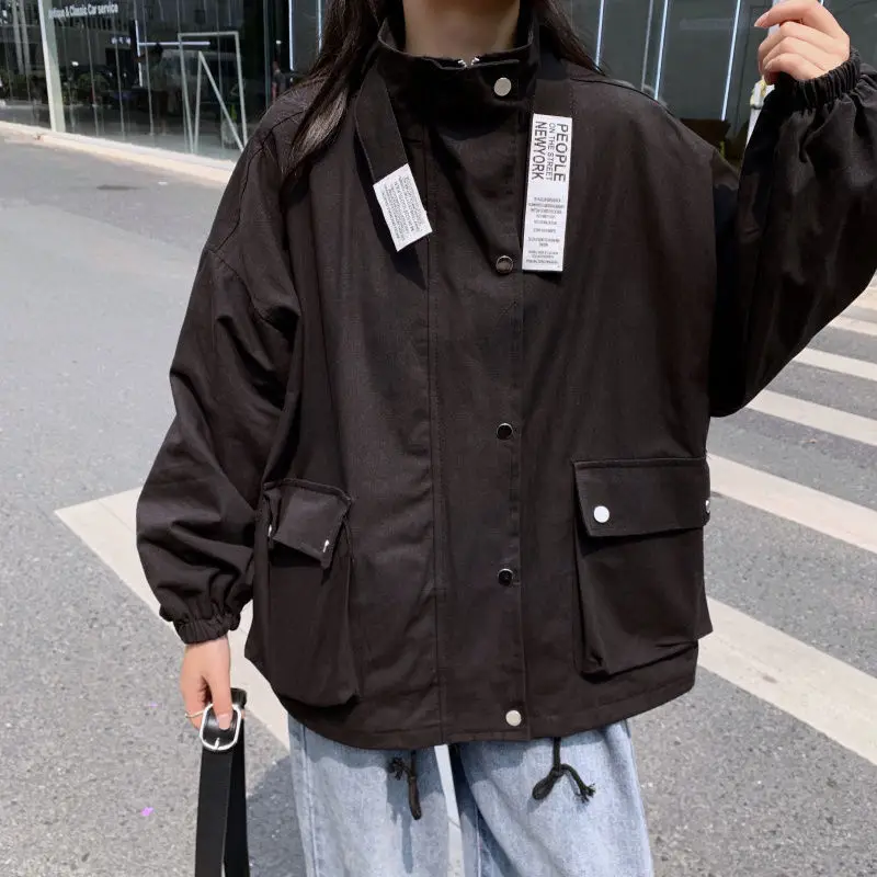 

Jackets Womens Couple Street-wear Vintage Pockets Cargo Style Loose Leisure Bf Zipper All-match Female Outwear Daily Basic Coats