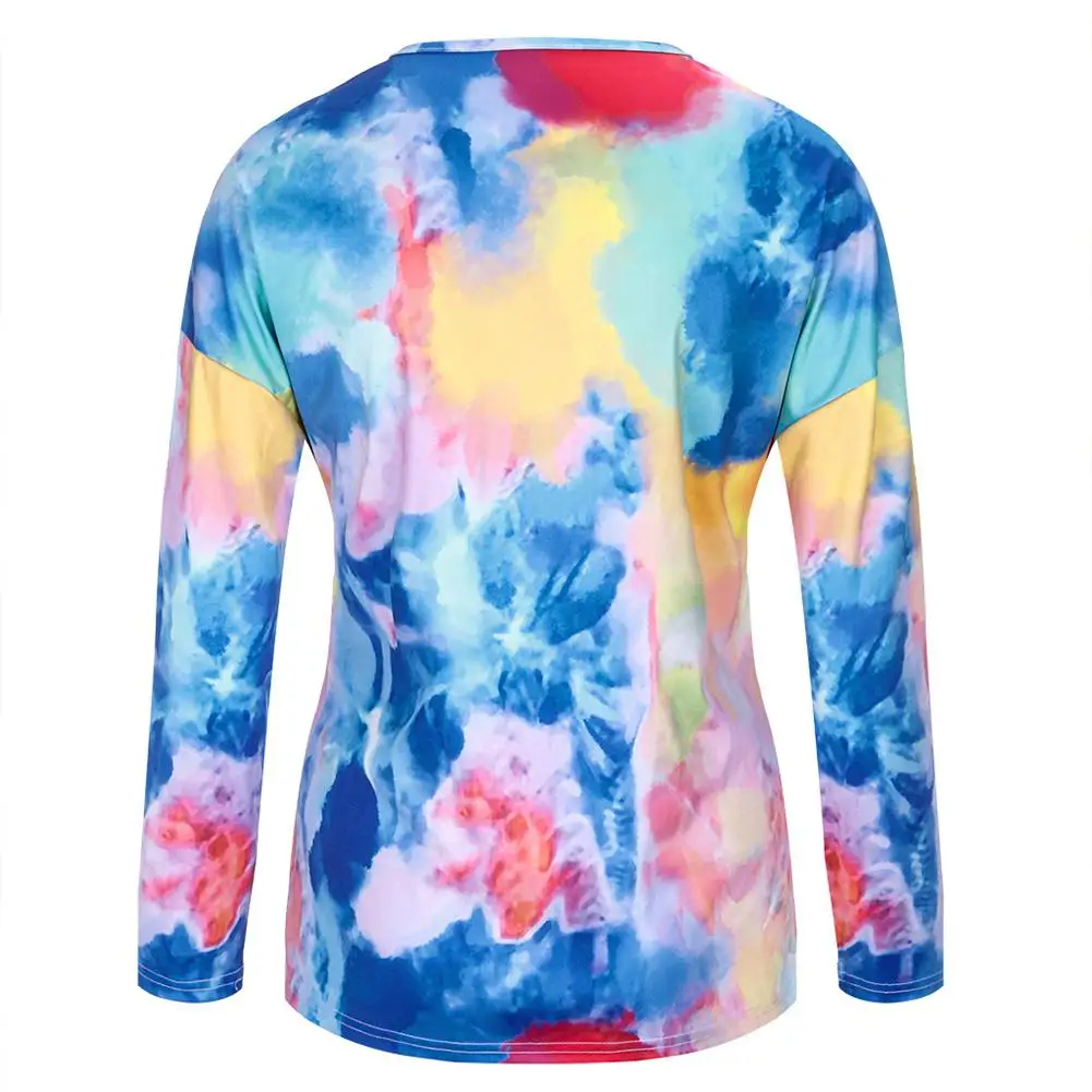 

MISSKY Summer Spring Women's T-shirt Long-sleeve Tie-dye Printing V-neck T-shirt Female Tops New